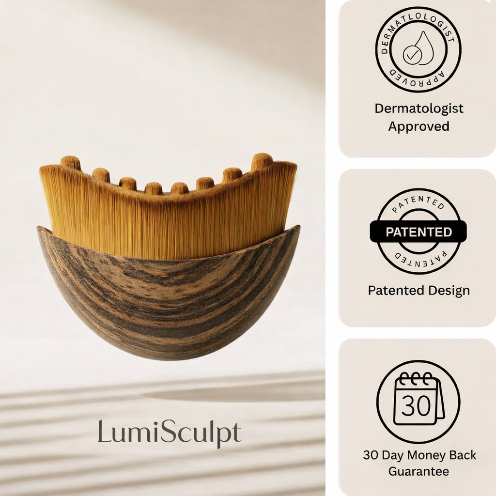 LumiSculpt product with dermatologist approved, patented design, and 30-day money-back guarantee badges on a light background.